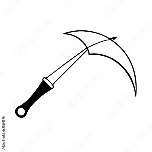 Vector art of black and white illustration of a scythe with a curved blade and handle icon