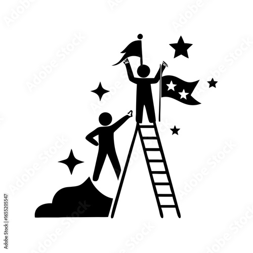 Illustration of people climbing a ladder towards success with flags and stars  icon