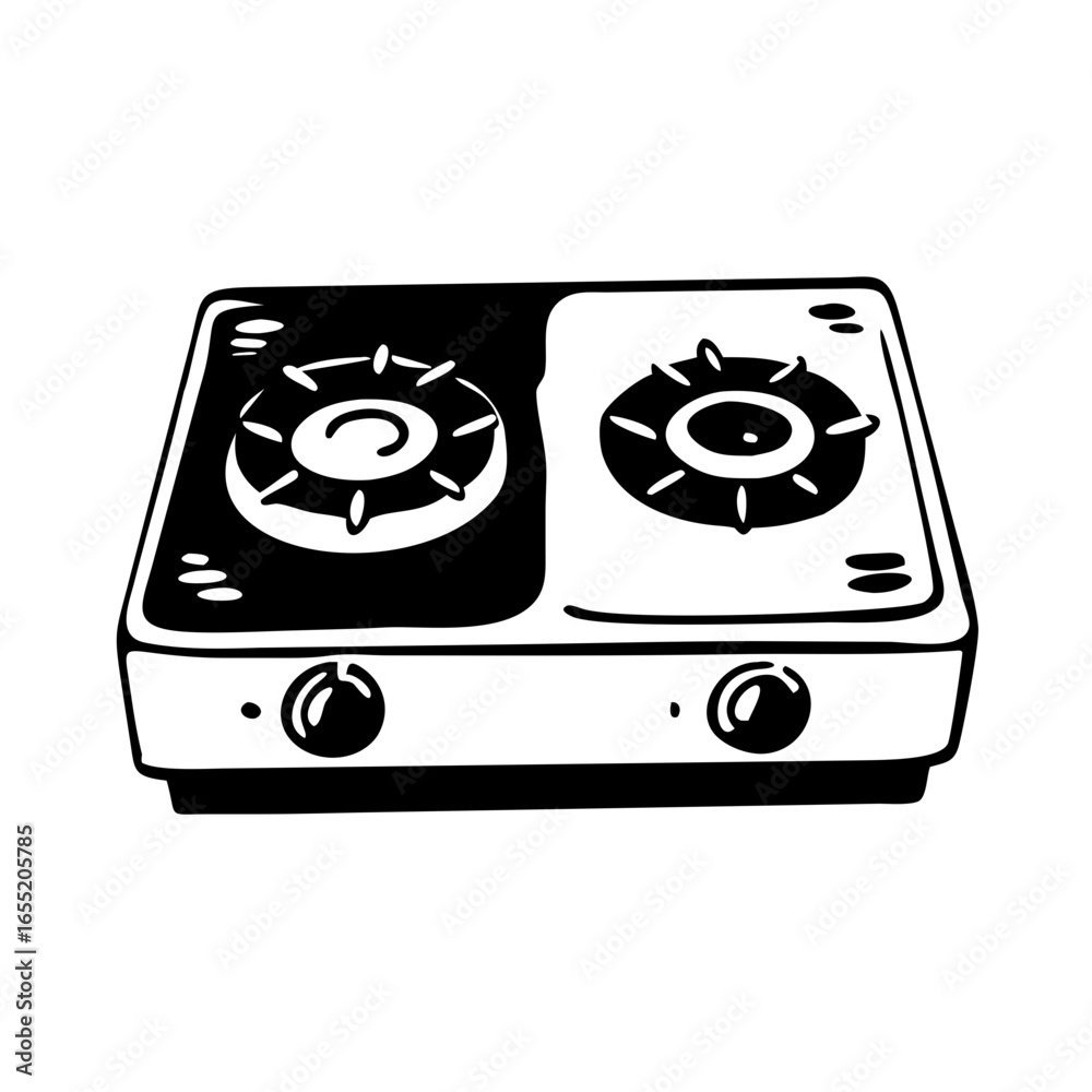 Fototapeta premium Vector art of black and white illustration of a twoburner gas stove, a kitchen appliance for cooking food icon