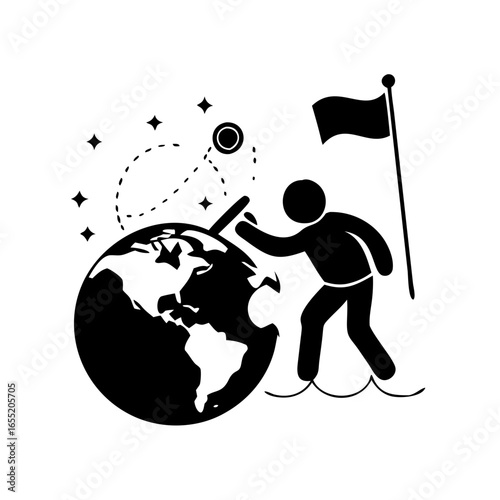 Fotografie Vector art of man planting flag on planet earth, exploration and discovery icon