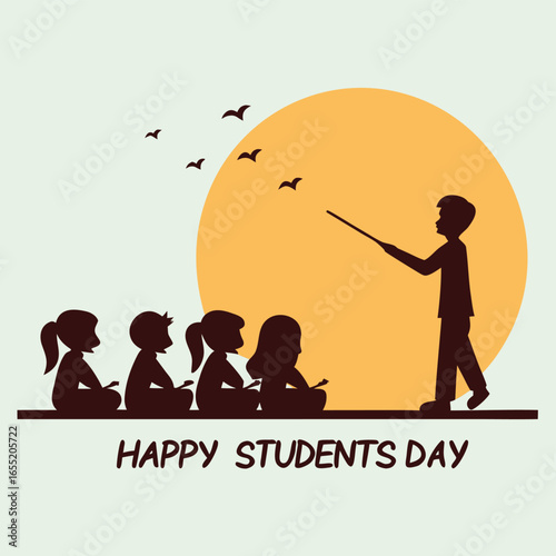 Silhouette of teacher instructing students with pointer against large orange circle and birds classroom