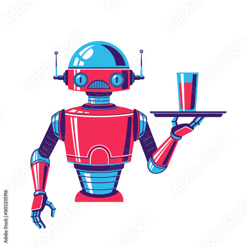 Retro Robot Waiter Serving Drink on Tray