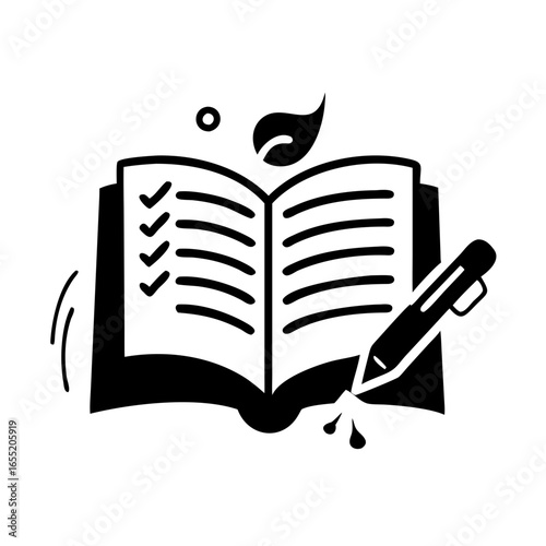 Vector art of open book with checklist and pen, symbolizing education, learning, and writing  icon