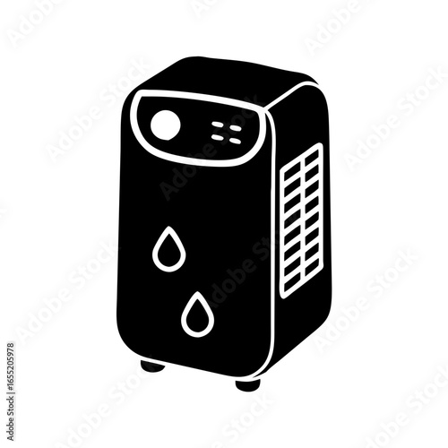 Vector art of black and white illustration of a dehumidifier with water drop symbols and ventilation grille