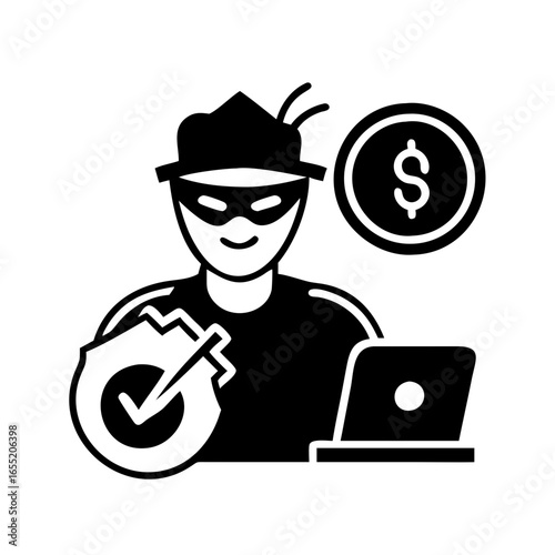 Vector art of hacker with laptop, shield, and dollar coin, symbolizing cybercrime and financial data security