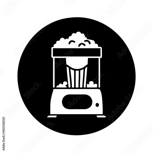 Vector art of popcorn machine icon in a black circle, a simple white illustration for movie time