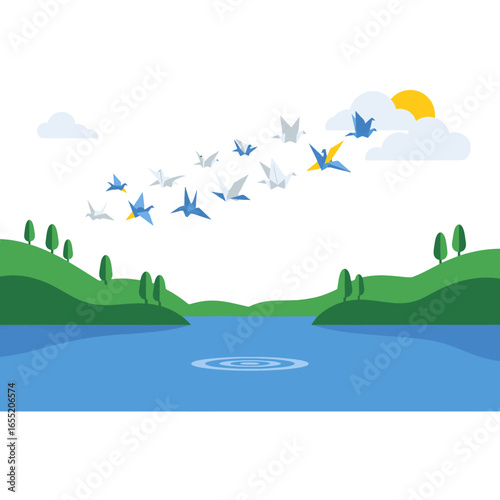 Colorful Origami Cranes Soaring Over a Peaceful Landscape