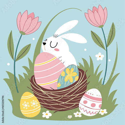 A cute white bunny peeking from a nest with decorated easter eggs and pink flowers rabbit