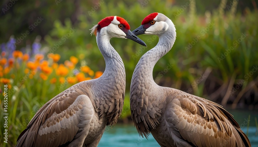 Fototapeta premium Two sandhill cranes face each other in a close-up view.