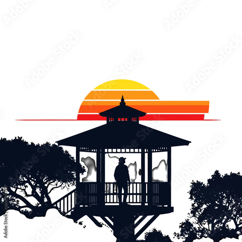 Silhouette of Gazebo at Sunset with Person