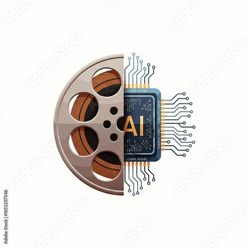 AI-Powered Filmmaking: Film Reel Merging with AI Chip, Illustrative Style on White Background, Concept of Artificial Intelligen...