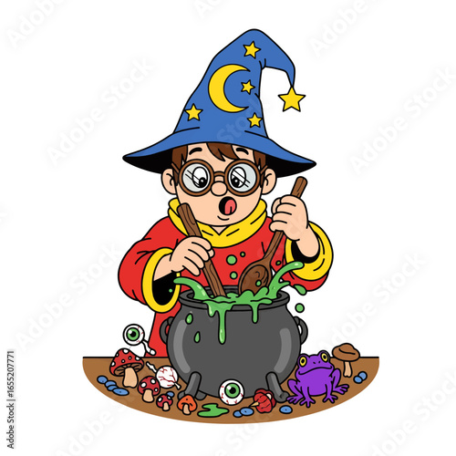 Cartoon Wizard Stirring a Magical Potion