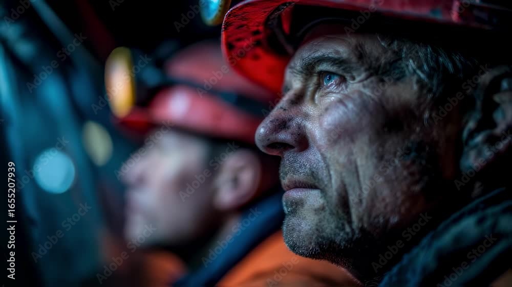 Underground coal shaft medium shot captures two cage operators reviewing shift logs their determined faces clear while surrounding tunnel walls and safety gear fade softly into Underground coal shaft medium shot captures two cage operators reviewing shift logs their determined faces clear while surrounding tunnel walls and safety gear fade softly into