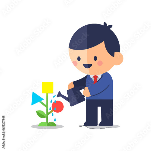 Businessman Watering a Growing Plant, Symbolizing Growth