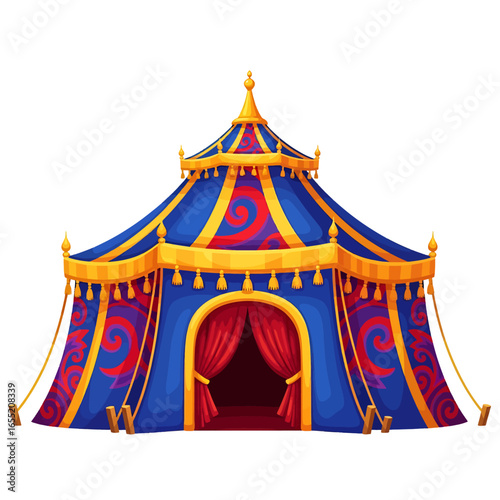 Ornate Blue and Gold Circus Tent with Red Interior