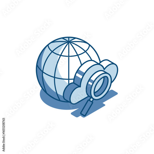 isometric vector magnifier and globe with cloud linear icon, in color on white background, online internet search or cloud service