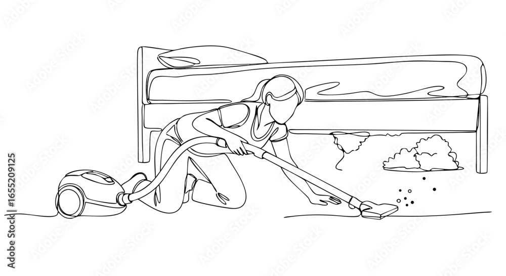 Fototapeta premium Woman vacuuming dust and dirt under the bed, continuous one line drawing. Housework, hygiene, clean living concept. Vector illustration for banner, poster