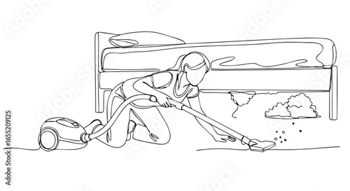 Woman vacuuming dust and dirt under the bed, continuous one line drawing. Housework, hygiene, clean living concept. Vector illustration for banner, poster