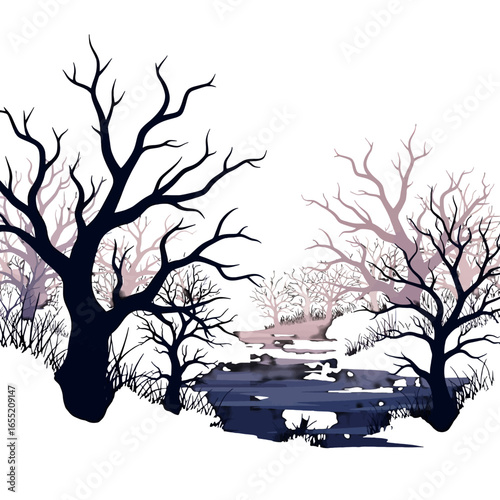 Winter Landscape with Bare Trees and Stream