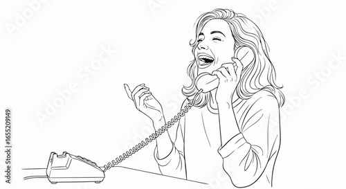 Weman happy talking on a landline phone and laughing. Woman communicating on vintage telephone. Communication concept. Vector black and white illustration