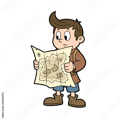 Cartoon Boy Studying an Old Treasure Map
