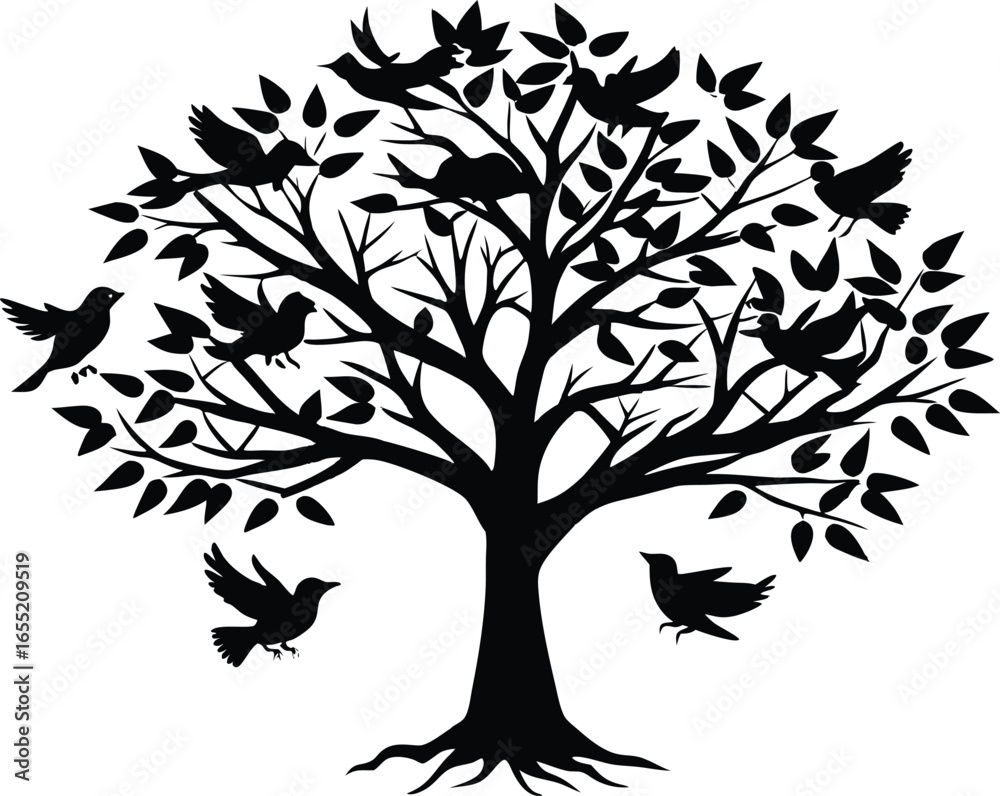 Obraz premium Tree with Nesting Birds Silhouette | Bird Nest Tree Outline Vector