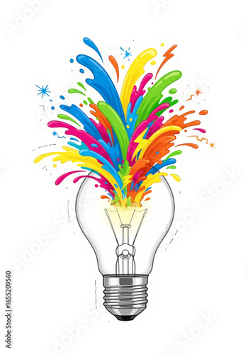 A glowing electric light bulb filled with colorful flowers represents a bright idea for creative innovation
