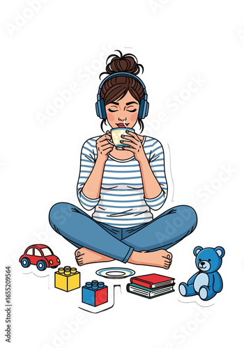  smiling cartoon little girl with headphones listening to music and drinking a coffee