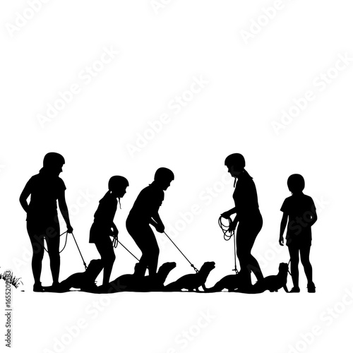 People Leading Animals on Leashes, Silhouette