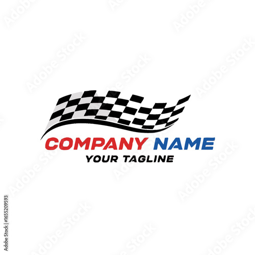 A stylized logo featuring a waving checkered flag, with text below indicating a company name and tagline.