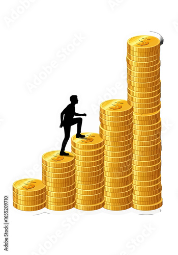 Businessman stacks golden coins to represent financial growth and success