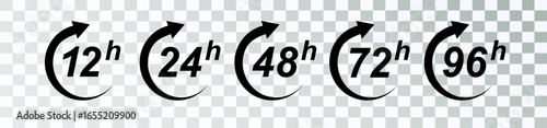 Hour icon 12, 24, 48 and 72 hours clock arrow. Fast service Work time effect or delivery service time icons 24 hours sign. Vector