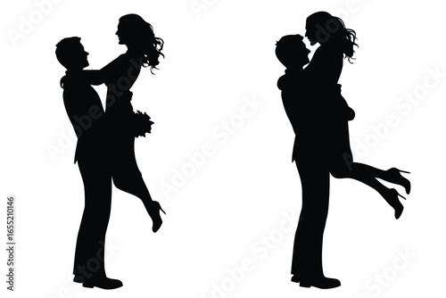 Two Pairs of Silhouetted Lovers Embracing in Celebration, Filled with Joy and Affectionate Romance Displayed in a Joyful Scene
