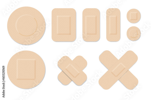Medical plasters. Bandages set. Adhesive bandage for first aid for wounds operations and skin injuries. Protecting open wound from infection. Vector