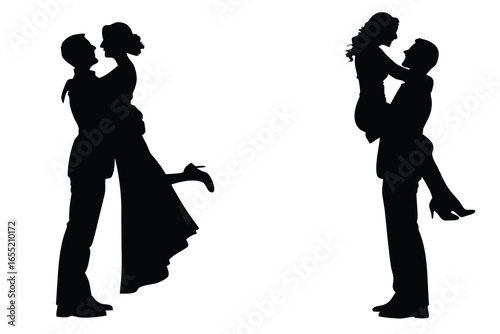 Two Pairs of Silhouetted Lovers Embracing in Celebration, Filled with Joy and Affectionate Romance Displayed in a Joyful Scene