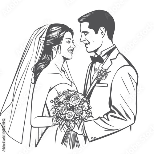 Elegant Wedding Illustration of a Bride and Groom Sharing a Loving Gaze While Holding a Bouquet of Flowers