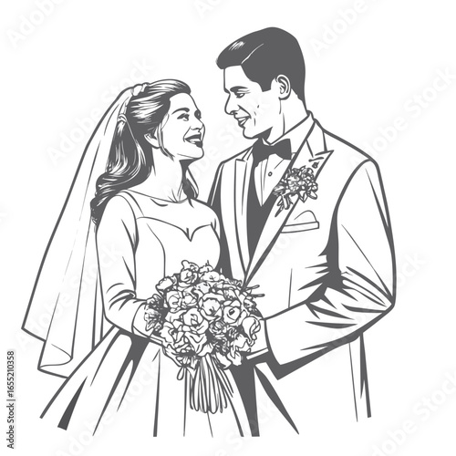 Elegant Wedding Illustration of a Bride and Groom Sharing a Loving Gaze While Holding a Bouquet of Flowers