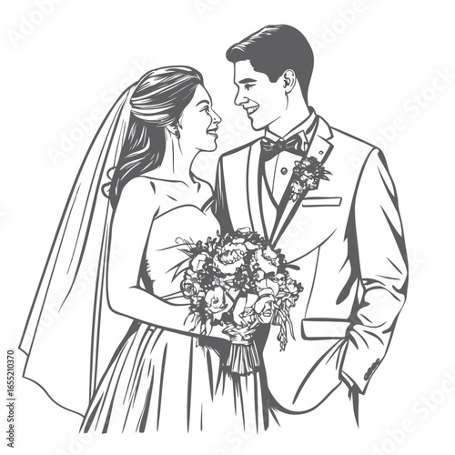 Elegant Wedding Illustration of a Bride and Groom Sharing a Loving Gaze While Holding a Bouquet of Flowers