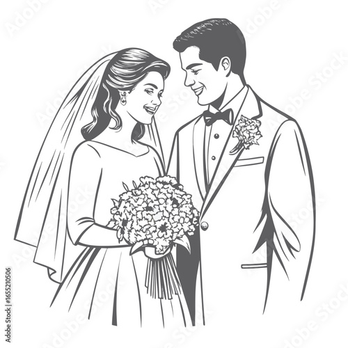 Elegant Wedding Illustration of a Bride and Groom Sharing a Loving Gaze While Holding a Bouquet of Flowers