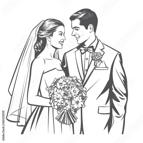 Elegant Wedding Illustration of a Bride and Groom Sharing a Loving Gaze While Holding a Bouquet of Flowers
