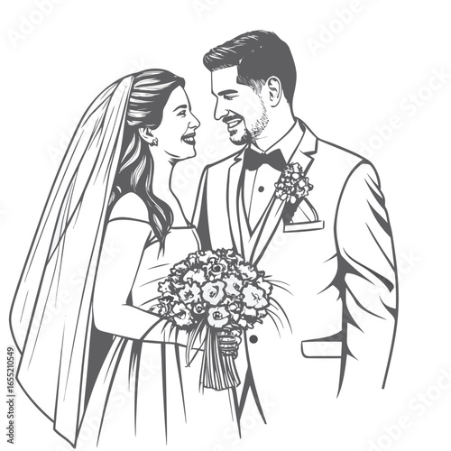 Elegant Wedding Illustration of a Bride and Groom Sharing a Loving Gaze While Holding a Bouquet of Flowers