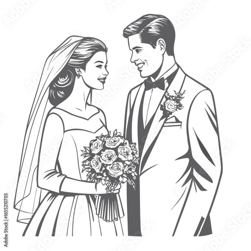 Elegant Wedding Illustration of a Bride and Groom Sharing a Loving Gaze While Holding a Bouquet of Flowers