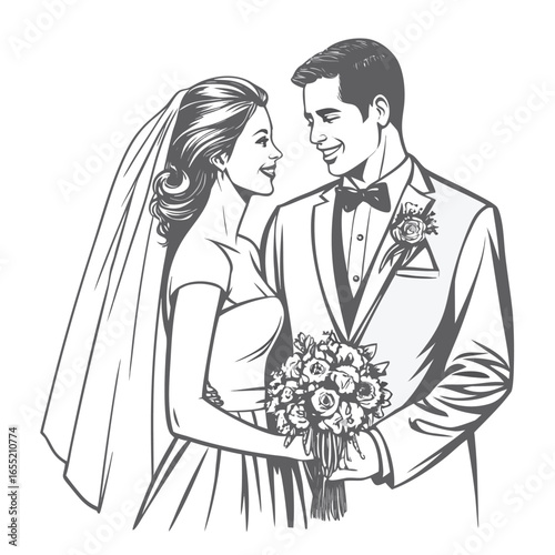 Elegant Wedding Illustration of a Bride and Groom Sharing a Loving Gaze While Holding a Bouquet of Flowers