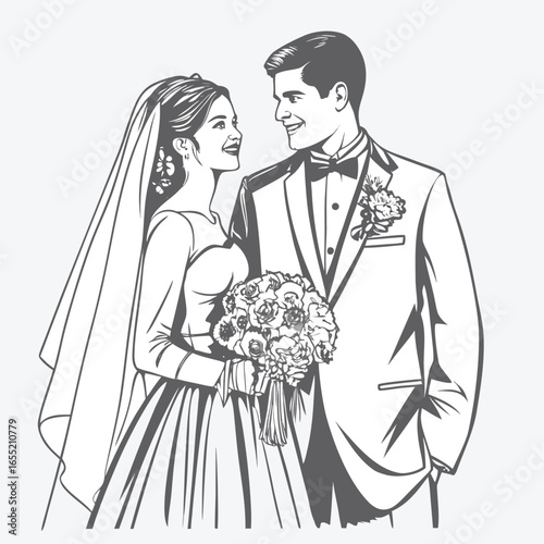 Elegant Wedding Illustration of a Bride and Groom Sharing a Loving Gaze While Holding a Bouquet of Flowers