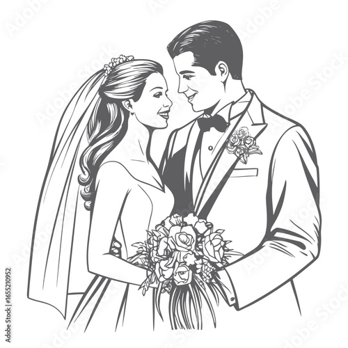Elegant Line Art Captures a Newly Married Couple Sharing a Kiss During Their Wedding Ceremony Beautiful Moment of Love