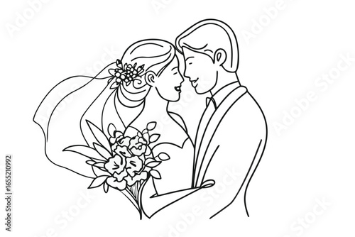 Elegant Line Art Captures a Newly Married Couple Sharing a Kiss During Their Wedding Ceremony Beautiful Moment of Love
