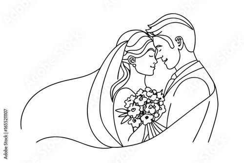 Elegant Line Art Captures a Newly Married Couple Sharing a Kiss During Their Wedding Ceremony Beautiful Moment of Love