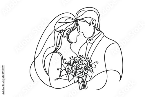 Elegant Line Art Captures a Newly Married Couple Sharing a Kiss During Their Wedding Ceremony Beautiful Moment of Love