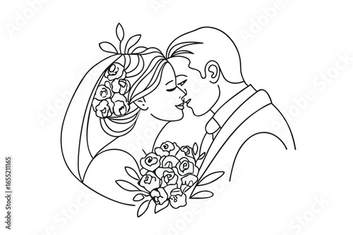 Elegant Line Art Captures a Newly Married Couple Sharing a Kiss During Their Wedding Ceremony Beautiful Moment of Love