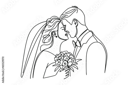 Elegant Line Art Captures a Newly Married Couple Sharing a Kiss During Their Wedding Ceremony Beautiful Moment of Love